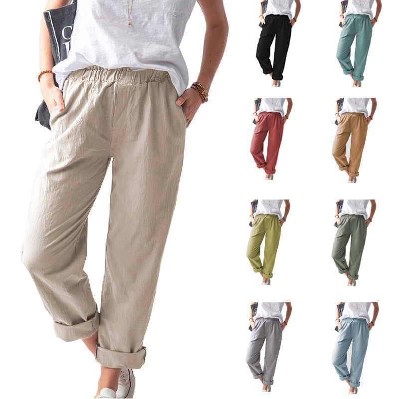 ZllKl  New European and American Women's Clothing Cotton and Linen Trousers Wish  Solid Color Casual Elastic High Waist Straight-Leg Pants Women