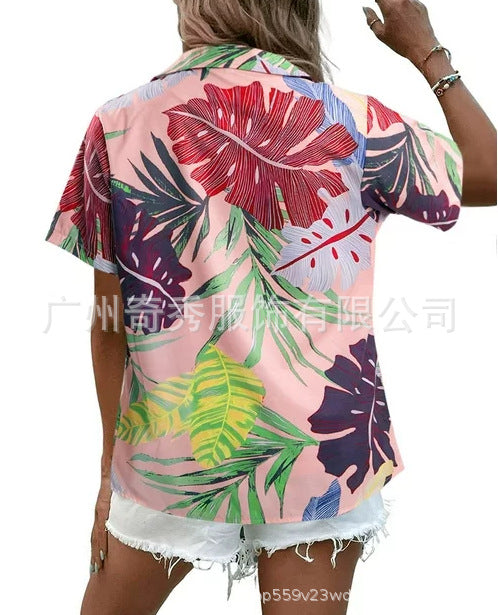 zllkl  Cross-Border  Women's Summer Hawaiian Shirt Tropical Floral Print Blouse Button V-neck Short Sleeve T-shirt Top