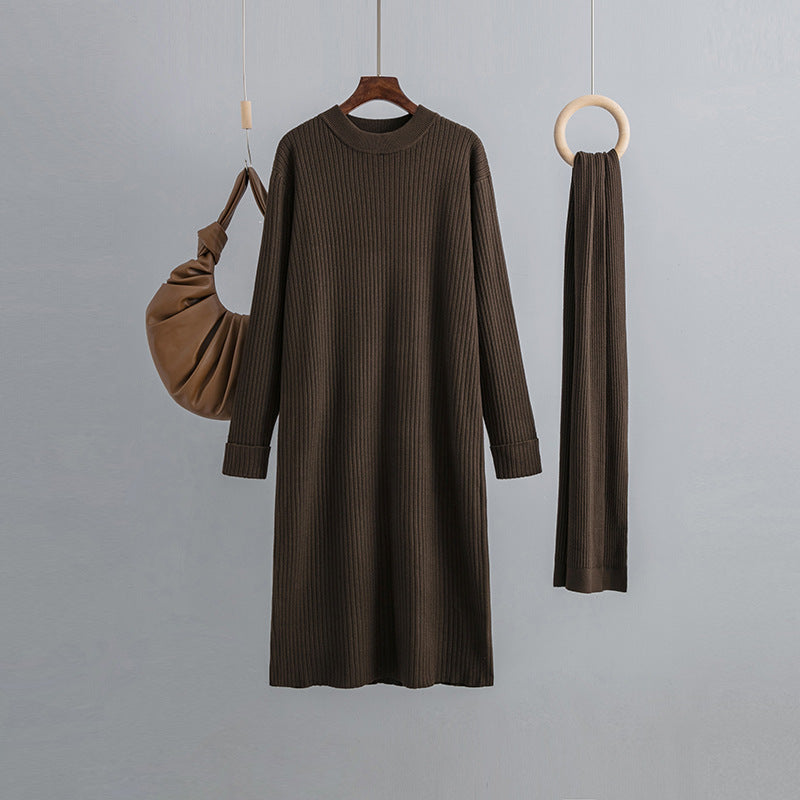 ZllKl South Korea Dongdaemun New winter new 2025 style with sleeves scarf lazy style round neck pit strip sweater dress