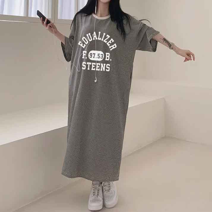 ZllKl 2025Manufacturer pure cotton medium and long casual long skirt large size Japanese and Korean version striped short-sleeved t-shirt dress women's summer