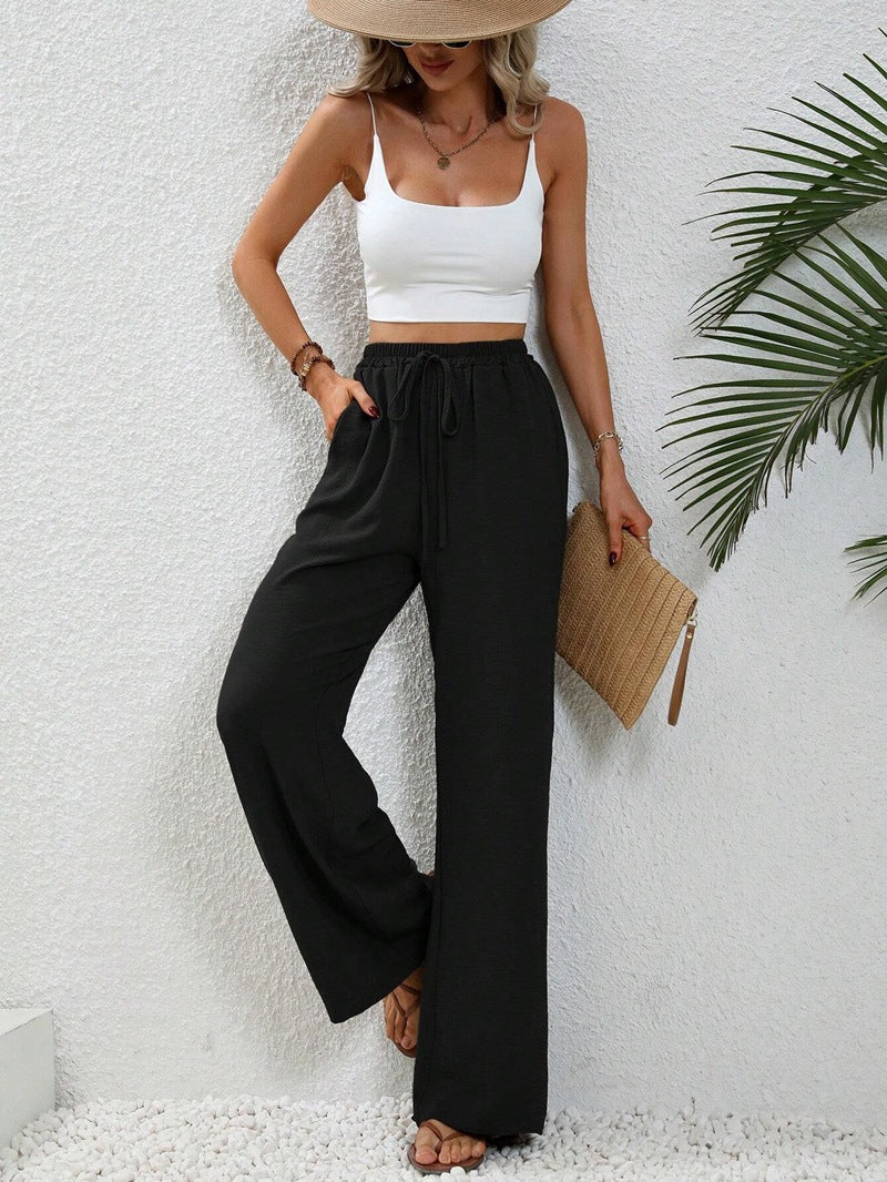 ZllKl  Tiktoktemu European and American Women's Clothing  Spring and Summer New Versatile Solid Color Mop Wide Leg Pants Casual Pants