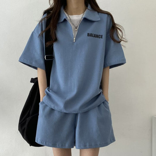 ZllKl Wholesale 4 colors, suit women's casual zipper short-sleeved two-piece set solid color Korean version cotton summer sportswear fashionable and loose