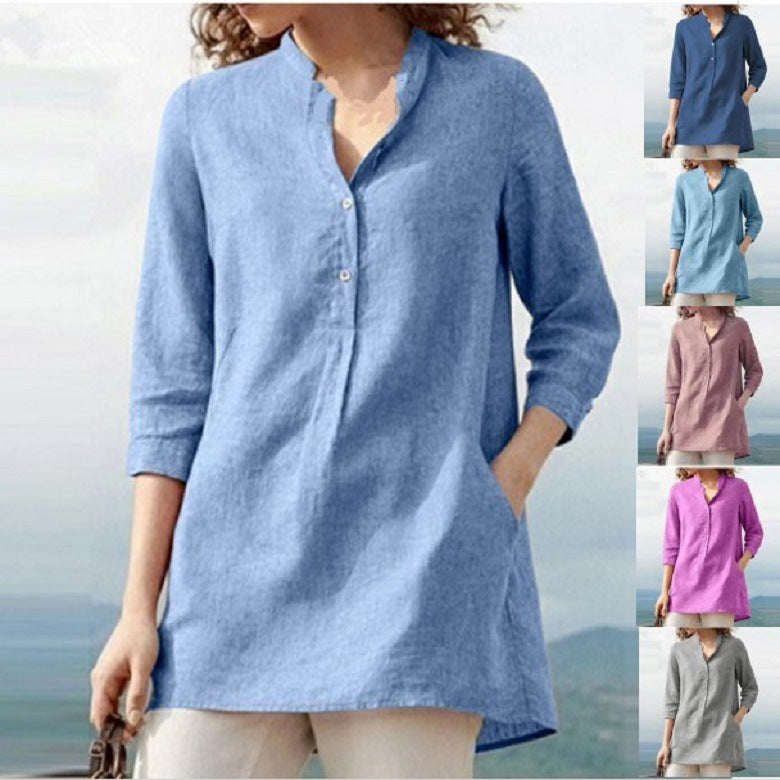 zllkl  Cross-Border Ebay Autumn New European and American Women's Clothing Solid Color Three-Quarter Length Sleeve Stand Collar Cotton and Linen Leisure Pullover Shirt