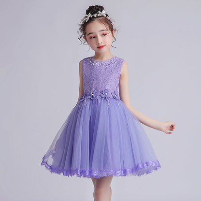 ZllKl  Children's Dress Summer Hot Sale Flower Girl Puffy Gauze Princess Dress Girl Baby Host Costume for Piano Performance Skirt