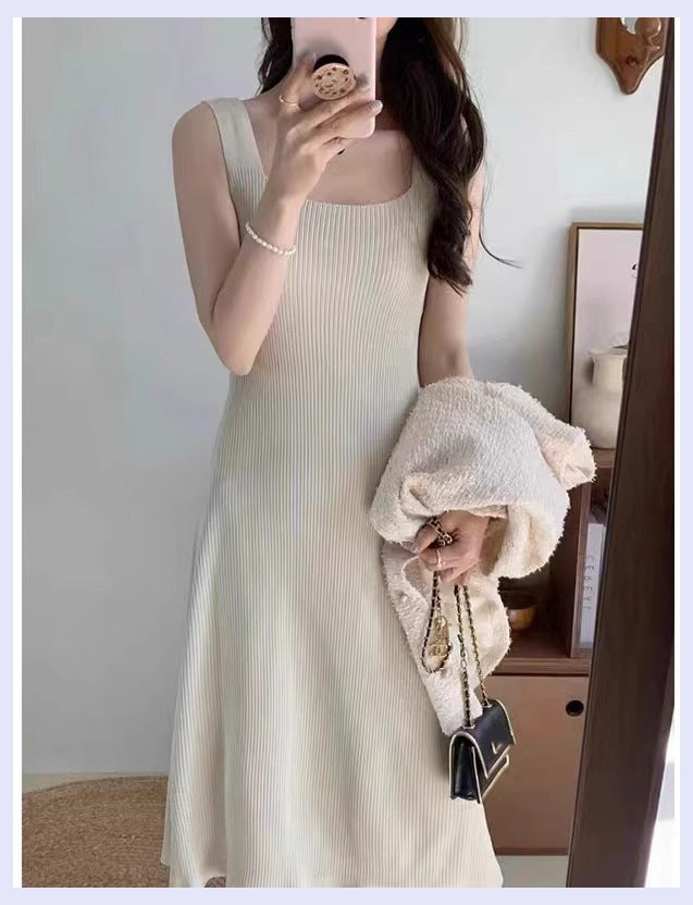 Knitted Sling Pink Dress Women's Summer New Outdoor Hot Girl Chic Waist Slim Fit Inner Wear Temperament Long Dress