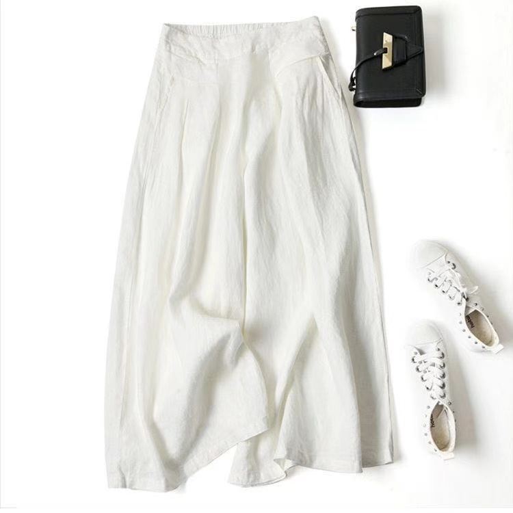 ZllKl  [In Stock Wholesale] Cotton and Linen Wide-Leg Pants Skort Women's Draping Loose Half Elastic High Waist Slimming Cropped Pants