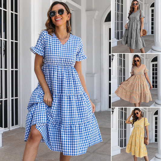 ZllKl  Hot Plaid Dress Ruffled V-neck Short Sleeve Large Swing Mid Skirt Women's New  Cross Border Women's Clothing