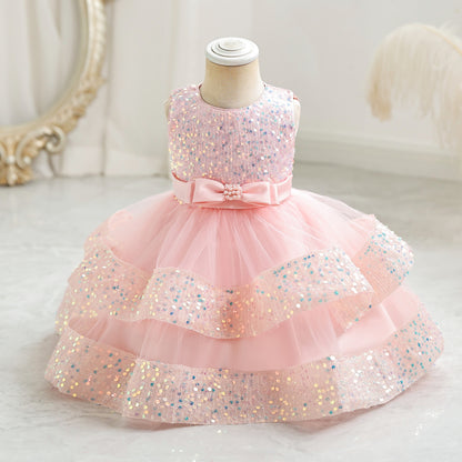 ZllKl  Cross-Border New Arrival Red Children's Dress Sequined Princess Dress Baby Girl Birthday Banquet Skirt Girl Performance Wear