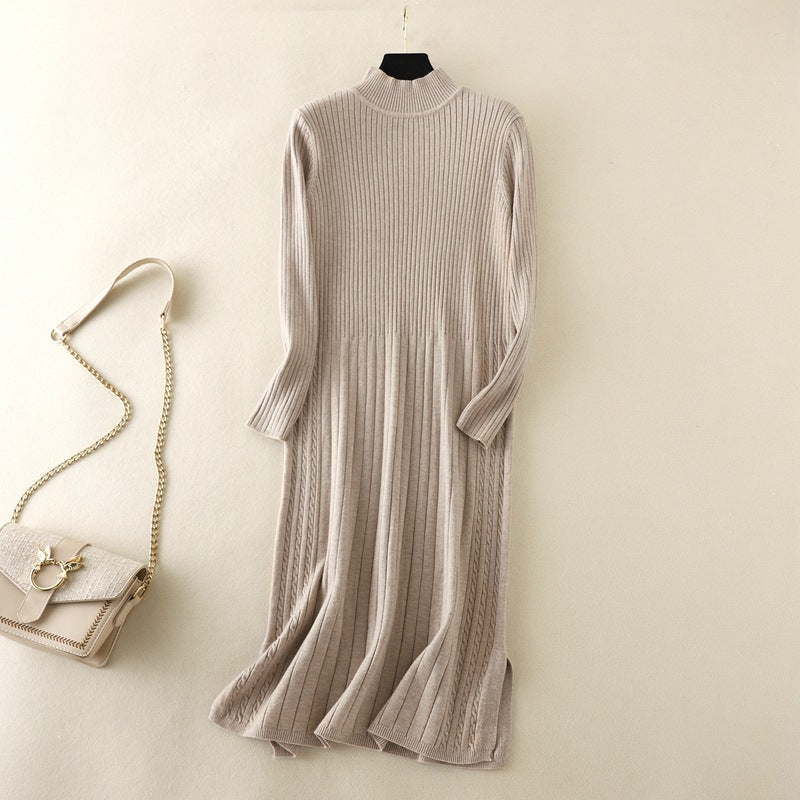 ZllKl Knee long dress New autumn and winter new women's semi-turtleneck striped knitted bottoming dress slim-fitting and versatile