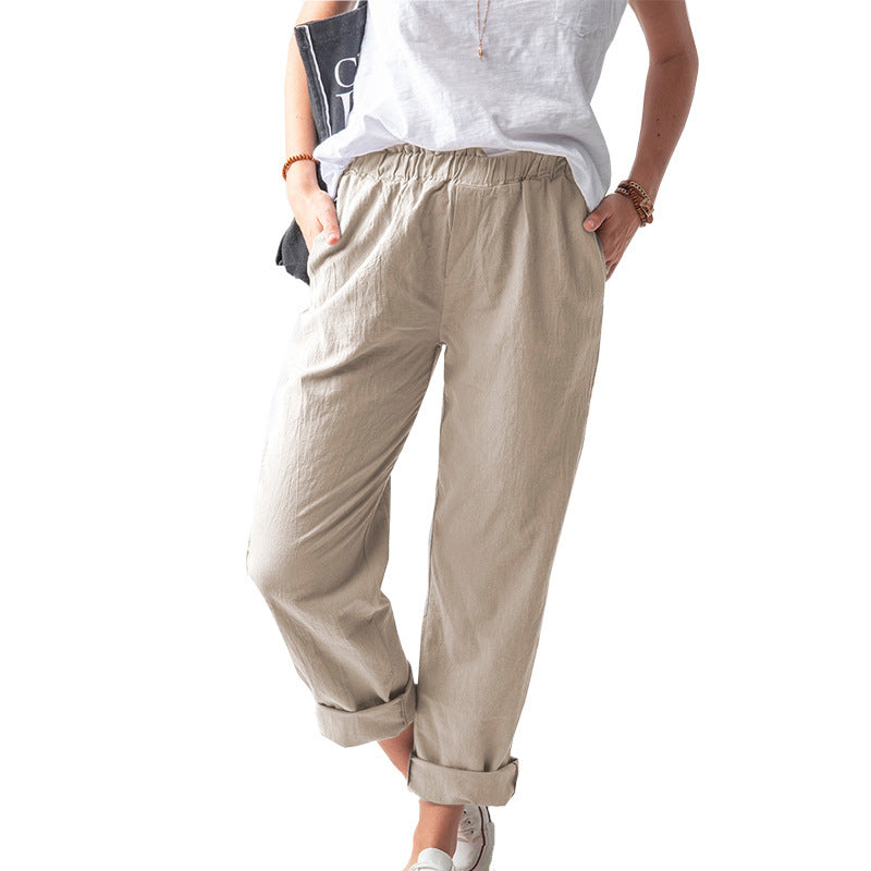 ZllKl  New European and American Women's Clothing Cotton and Linen Trousers Wish  Solid Color Casual Elastic High Waist Straight-Leg Pants Women