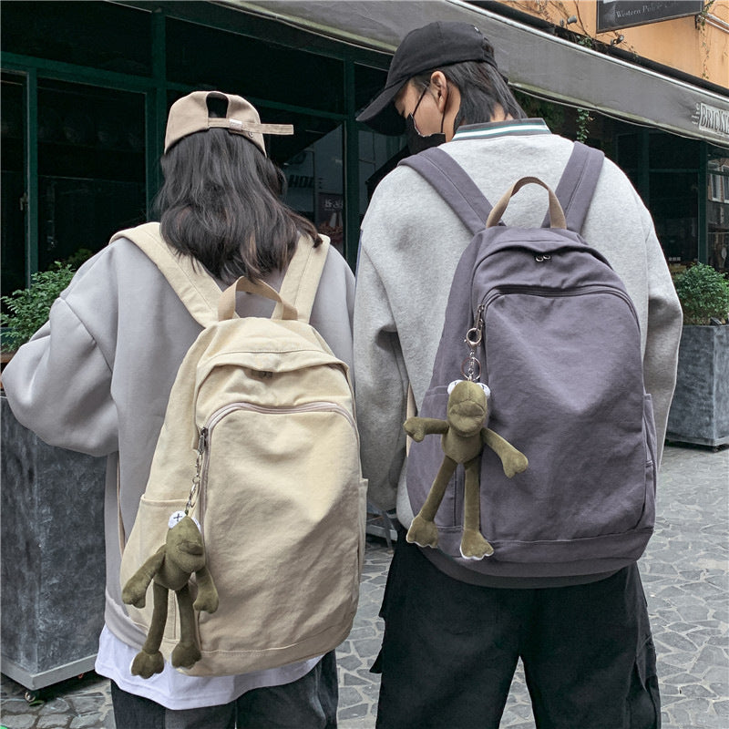 Cross-Border Korean Style Simple Couple Backpack Large Capacity Leisure Outdoor Travel Solid Color Backpack Canvas Student Schoolbag