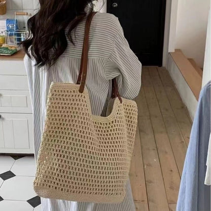 ZllKl  Casual Large Capacity Shoulder Cotton Thread Woven Bag New Hollow Mesh Tote Bag Seaside Vacation Beach Bag Women's Bag