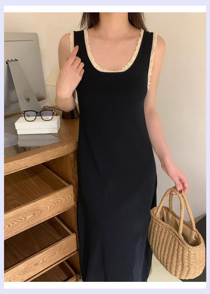 Knitted Sling Pink Dress Women's Summer New Outdoor Hot Girl Chic Waist Slim Fit Inner Wear Temperament Long Dress