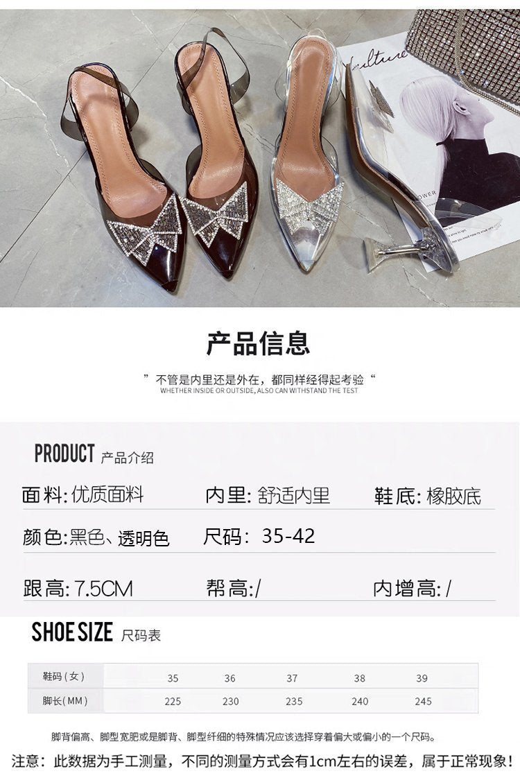 ZllKl  PVC Transparent Sandals Female 2021 Summer New Fairy Style Baotou Rhinestone Bow Ankle-Strap High Heels