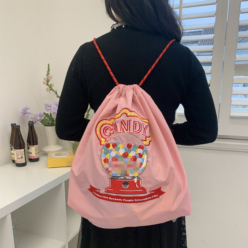 Japanese Style New Fashion Brand Fashion Backpack Cute Cartoon Environmental Protection Drawstring Large Capacity Embroidery Leisure Student Bag