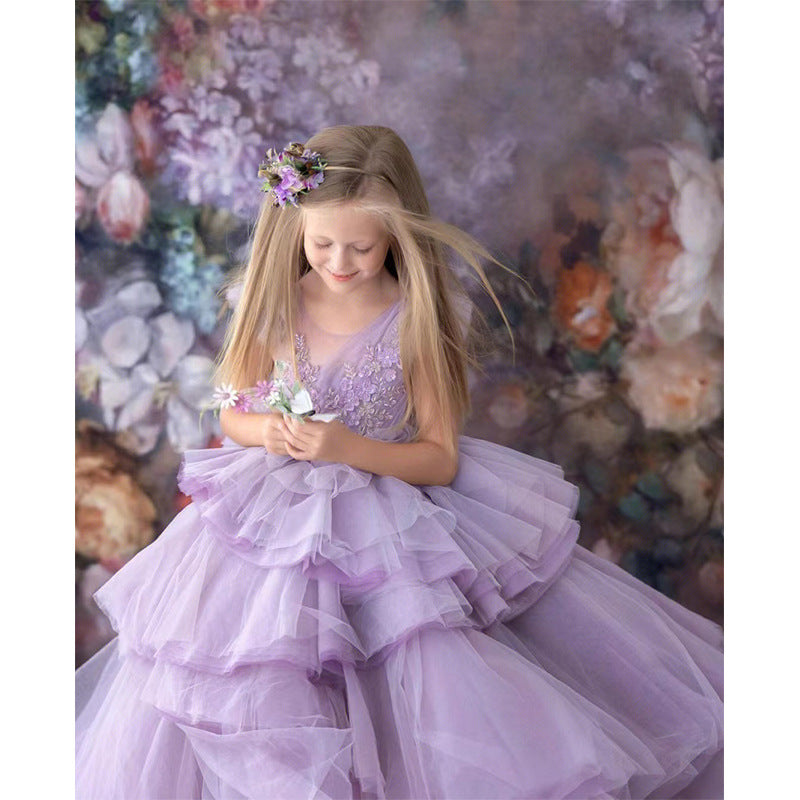 ZllKl  Children's Dress Princess Dress  Spring Girl Purple Costume for Piano Performance Host Temperament Catwalk Evening Dress