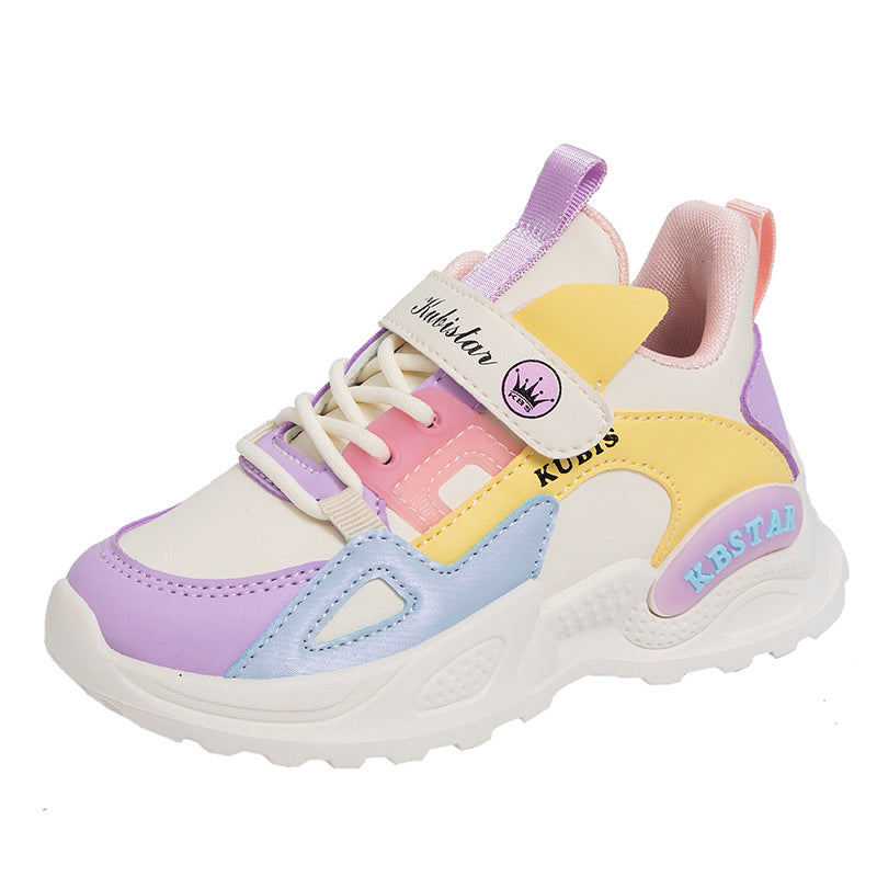 ZllKl  Girls' Autumn New Colorblock Sneakers Velcro Toddler and Children Elementary School Running Shoes Pumps Mesh Breathable