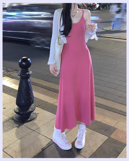 Knitted Sling Pink Dress Women's Summer New Outdoor Hot Girl Chic Waist Slim Fit Inner Wear Temperament Long Dress