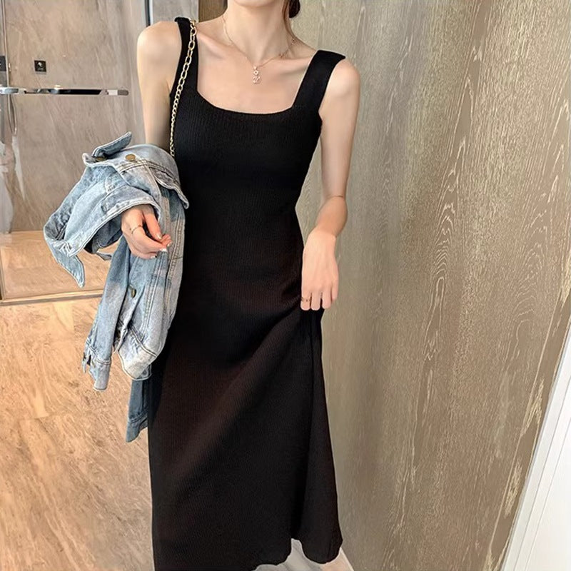 Knitted Sling Pink Dress Women's Summer New Outdoor Hot Girl Chic Waist Slim Fit Inner Wear Temperament Long Dress