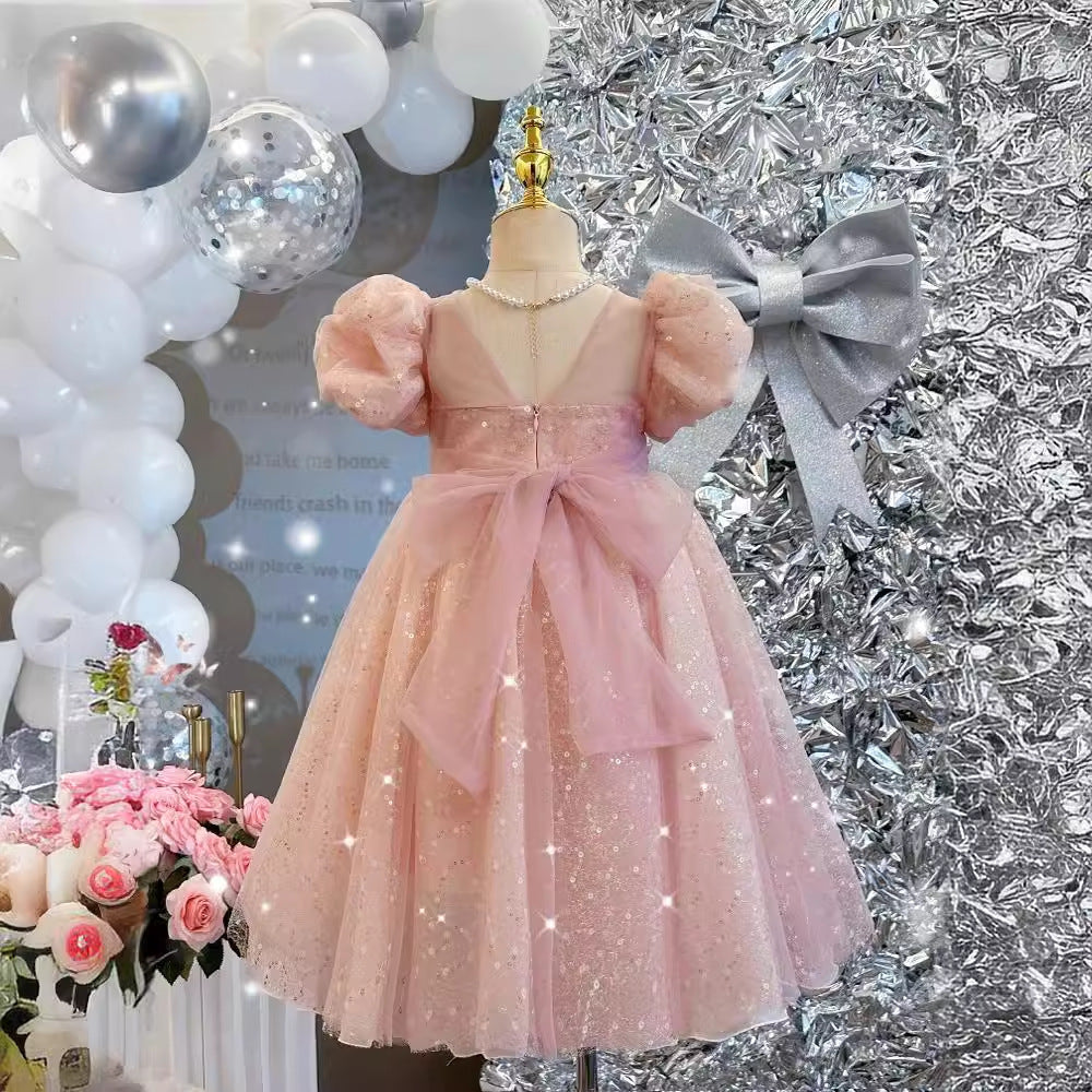 ZllKl  Children's Dress New High-End Western Style Girl Bubble Sleeve Princess Dress Heavy Embroidery Sequins Birthday Performance Dress Summer