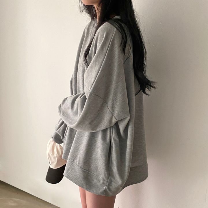 ZLLKL 2025 Cotton sweater women's loose Korean version spring and autumn thin vintage long-sleeved t-shirt clothes student lazy wind gray