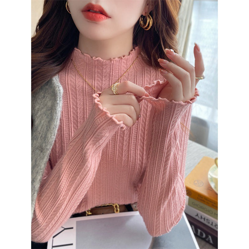 White bottoming shirt women's autumn and winter wear 2024 new semi-turtleneck fungus edge knitted sweater medium neck long-sleeved sweater