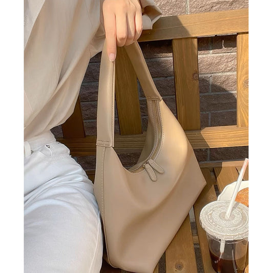 ZllKl  Milk Tea Color Bag Women's Commuter Large Capacity Shoulder Underarm Bag  Summer Korean Style Retro Soft Leather Tote