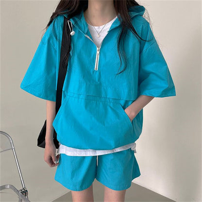 ZLLKL 2025 Korean version of solid color fashion casual short-sleeved suit women's  summer new fashion loose hooded sportswear versatile