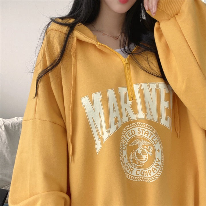 ZLLKL 2025 Cotton yellow zipper hooded sweater women's loose Korean version medium and long top versatile spring and autumn coat ins trendy brand