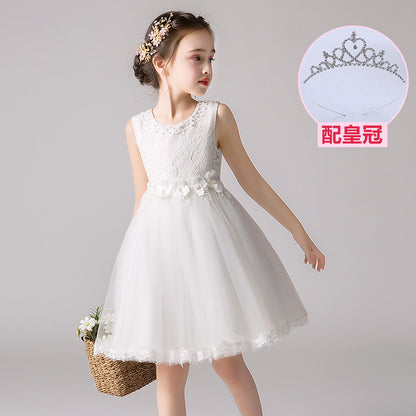 ZllKl  Children's Dress Summer Hot Sale Flower Girl Puffy Gauze Princess Dress Girl Baby Host Costume for Piano Performance Skirt