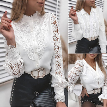 zllkl  2022 New Women's Clothing Design Sense Spring and Autumn Fashion White Lace Long Sleeve V-neck Lace Openwork Blouse Shirt Wholesale