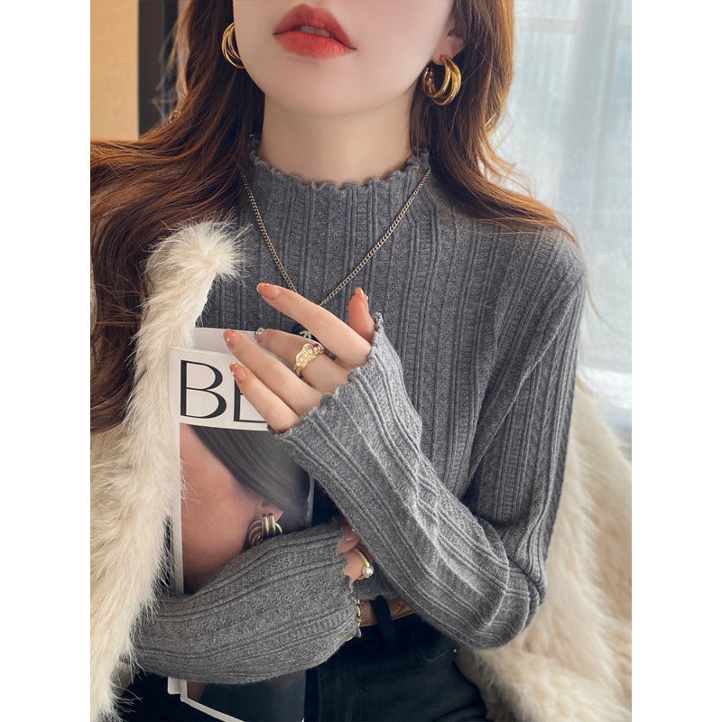 White bottoming shirt women's autumn and winter wear 2024 new semi-turtleneck fungus edge knitted sweater medium neck long-sleeved sweater