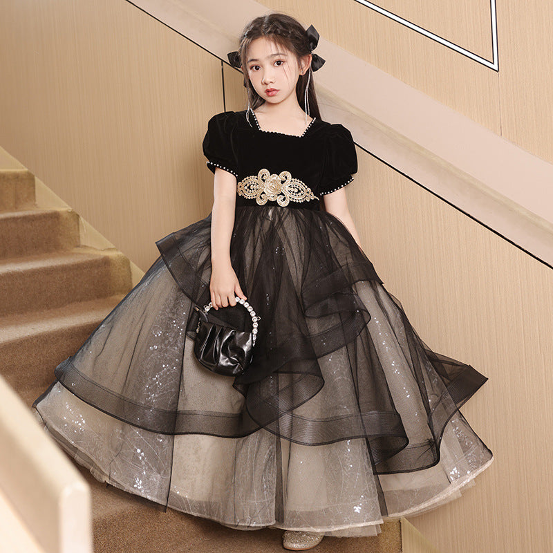 ZllKl  Children's Dress Princess Dress Girls Evening Dress Light Luxury Minority High-End Black Host Piano Performance Costume