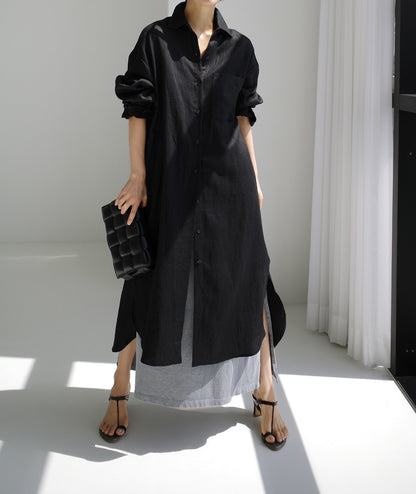 ZllKl  Spring and Autumn Loose Oversized Shirt Dress Overknee Long Split Outer Wear Cotton Linen Shirt Solid Color Dress