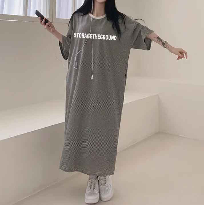 ZllKl 2025Manufacturer pure cotton Korean summer new 2025n retro loose letter printing thin T-shirt dress casual