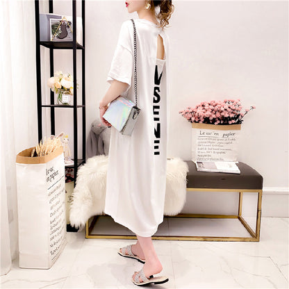 European Station Summer Western Style Youthful-Looking Dress Loose 100.00kg plus Size Women's Clothing Belly Covering Flab Hiding Short Sleeve T-shirt Skirt