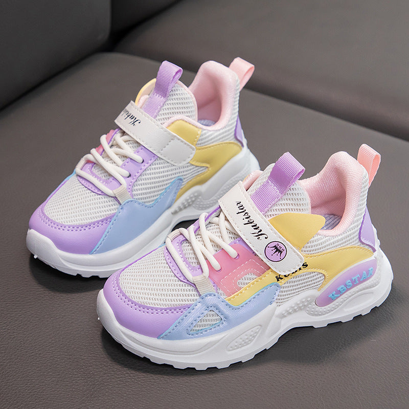 ZllKl  Girls' Autumn New Colorblock Sneakers Velcro Toddler and Children Elementary School Running Shoes Pumps Mesh Breathable