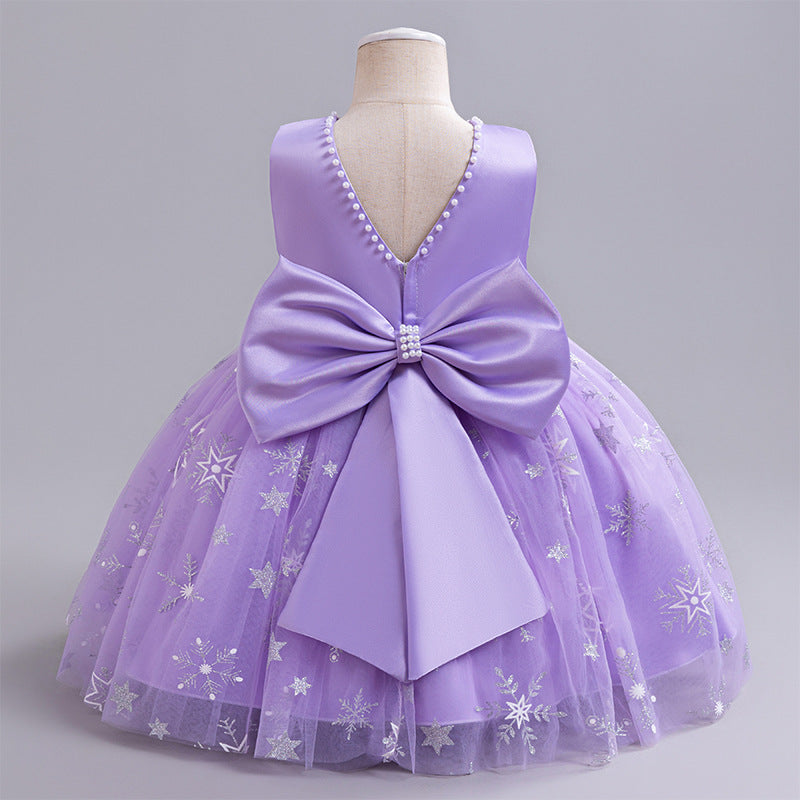 ZllKl  Ice and Snow Mesh Princess Dress Neckline Pearl Birthday Dress Little Flower Girl Bow Girl Pettiskirt Dress