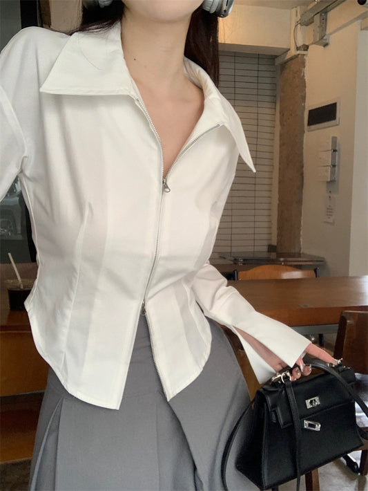 zllkl  White Bandage Dress Lapel Long Sleeve Shirt Women's Spring and Autumn New Slim Fit Slimming Sense of Design Irregular Hot Girl Top Fashion