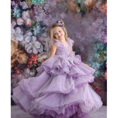 ZllKl  Children's Dress Princess Dress  Spring Girl Purple Costume for Piano Performance Host Temperament Catwalk Evening Dress