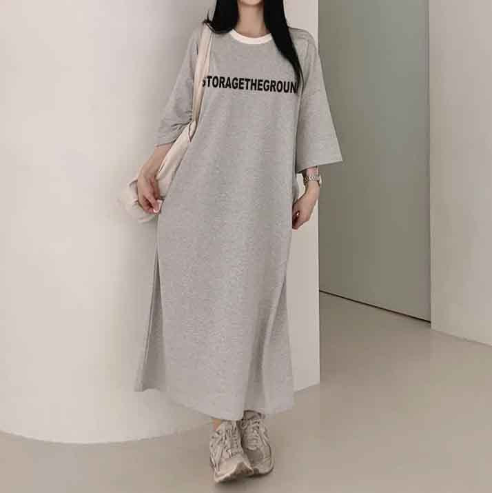 ZllKl 2025Manufacturer pure cotton Korean summer new 2025n retro loose letter printing thin T-shirt dress casual