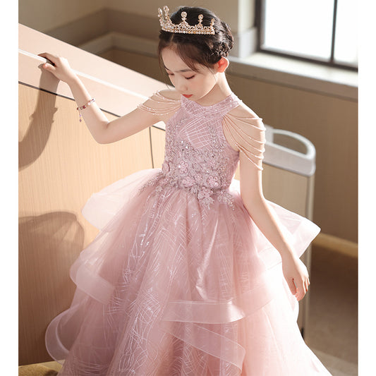 ZllKl  Children's Dress Girls Birthday Princess Dress Dresses of Bride Fellow Kids Light Luxury Minority Children Host Piano Performance Pink