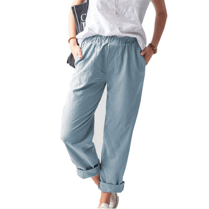 ZllKl  New European and American Women's Clothing Cotton and Linen Trousers Wish  Solid Color Casual Elastic High Waist Straight-Leg Pants Women