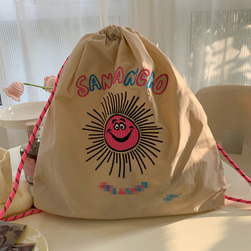 Japanese Style New Fashion Brand Fashion Backpack Cute Cartoon Environmental Protection Drawstring Large Capacity Embroidery Leisure Student Bag