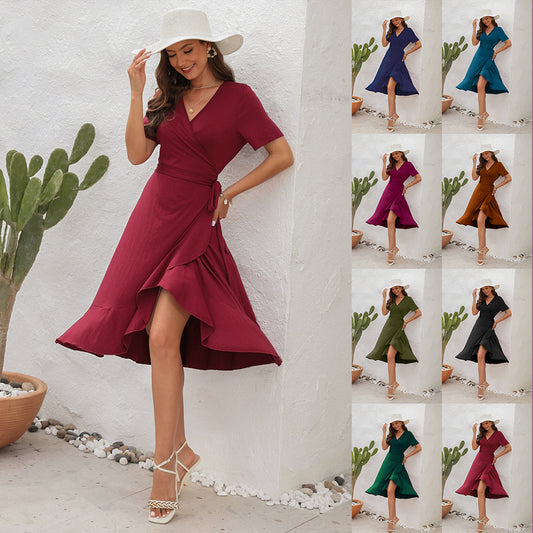 ZllKl  New Cross-Border V-neck High Waist Tied Dress Solid Color Long Short Sleeve Dress Holiday Travel Dress