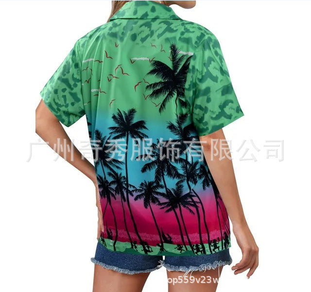 zllkl  Cross-Border  Women's Summer Hawaiian Shirt Tropical Floral Print Blouse Button V-neck Short Sleeve T-shirt Top