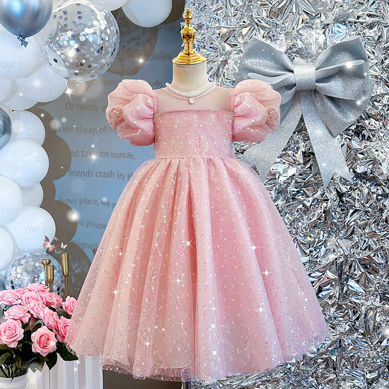 ZllKl  Children's Dress New High-End Western Style Girl Bubble Sleeve Princess Dress Heavy Embroidery Sequins Birthday Performance Dress Summer