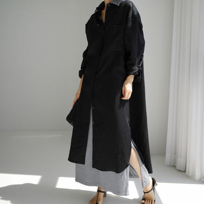 ZllKl  Spring and Autumn Loose Oversized Shirt Dress Overknee Long Split Outer Wear Cotton Linen Shirt Solid Color Dress