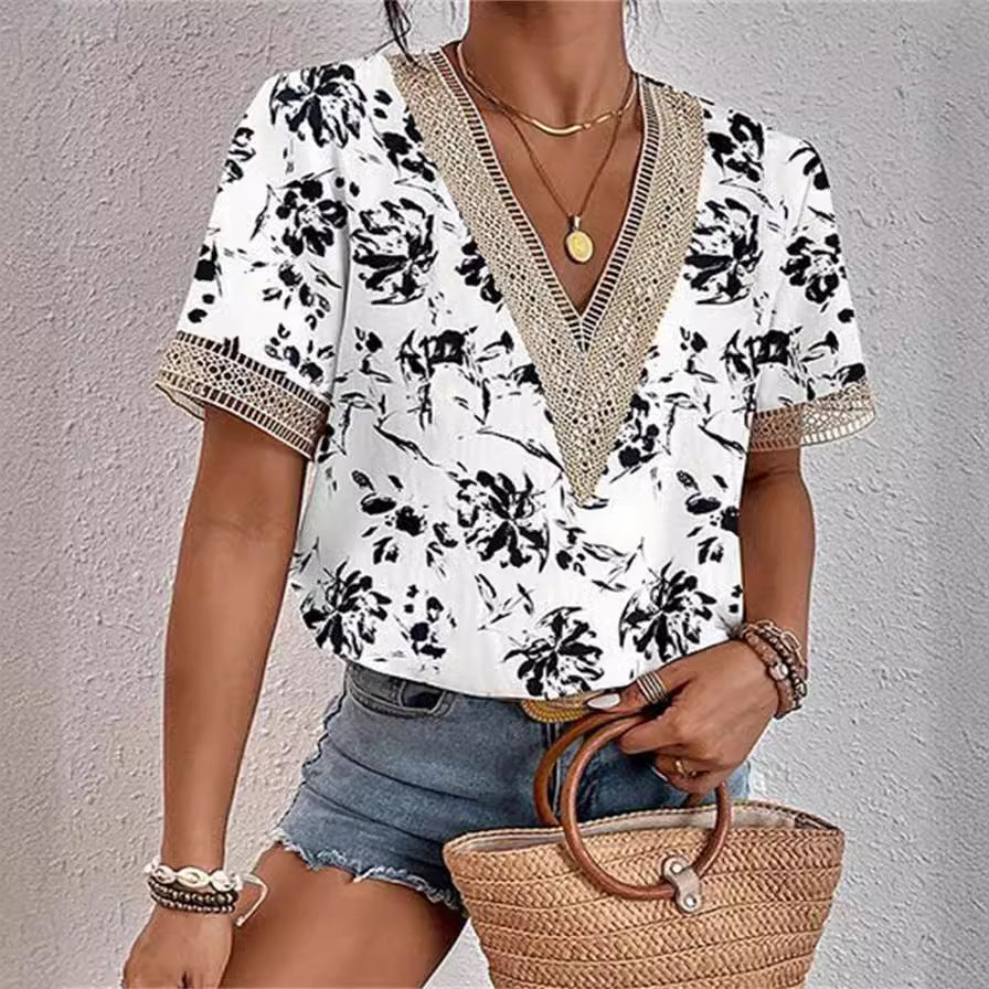 ZllKl  Cross-Border EBay  Women's Clothing V-neck Lace Loose Top Temperament Commute Short Sleeve Digital Printed T-shirt