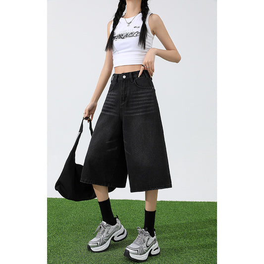 American Retro Black Gray Cropped Denim Shorts Women's Summer New High Waist Straight Short Pants Loose Wide Leg Pants